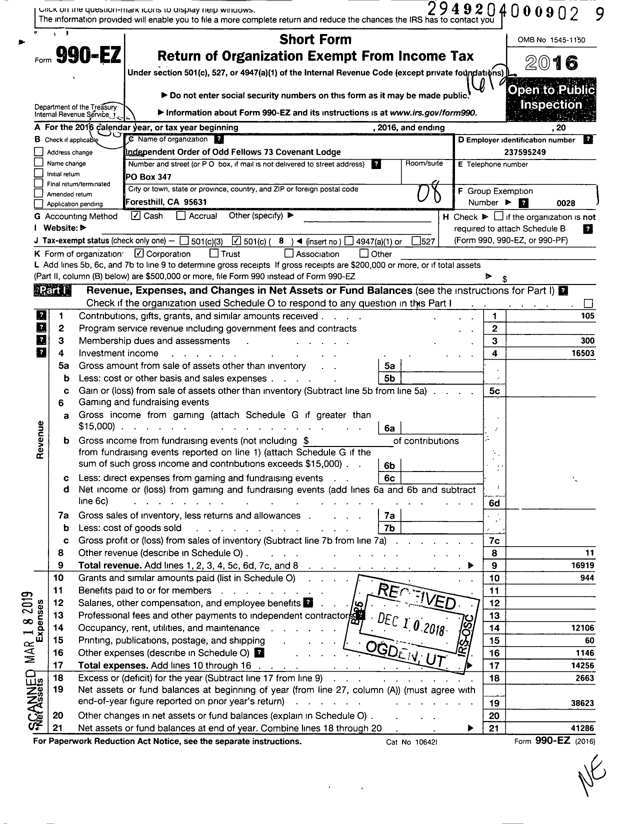 Image of first page of 2016 Form 990EO for Independent Order of Odd Fellows - 73 Covenant Lodge