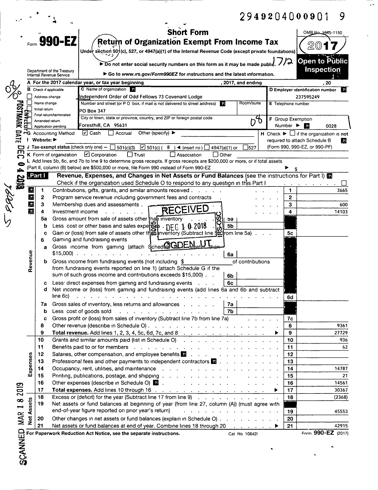 Image of first page of 2017 Form 990EO for Independent Order of Odd Fellows - 73 Covenant Lodge