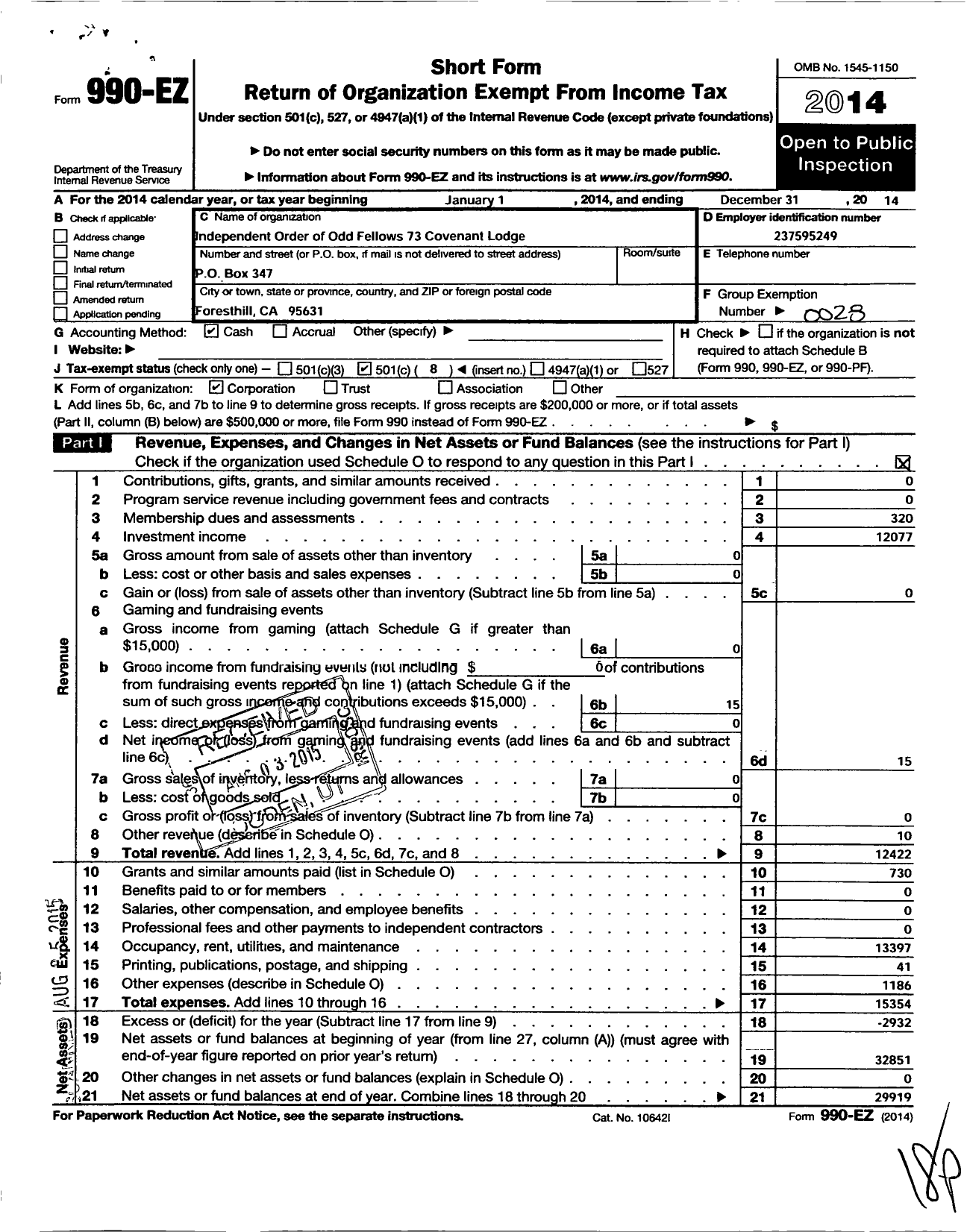 Image of first page of 2014 Form 990EO for Independent Order of Odd Fellows - 73 Covenant Lodge