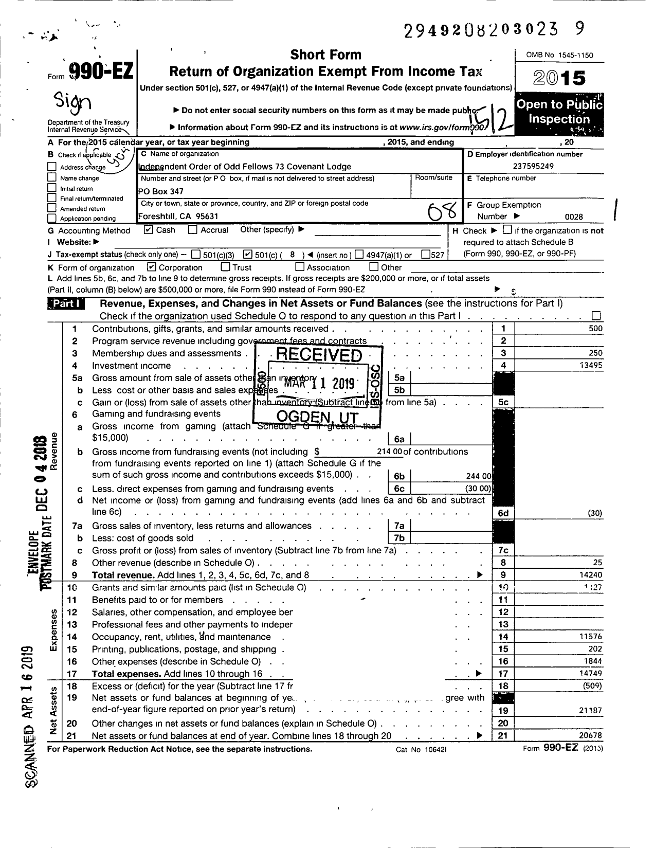 Image of first page of 2015 Form 990EO for Independent Order of Odd Fellows - 73 Covenant Lodge