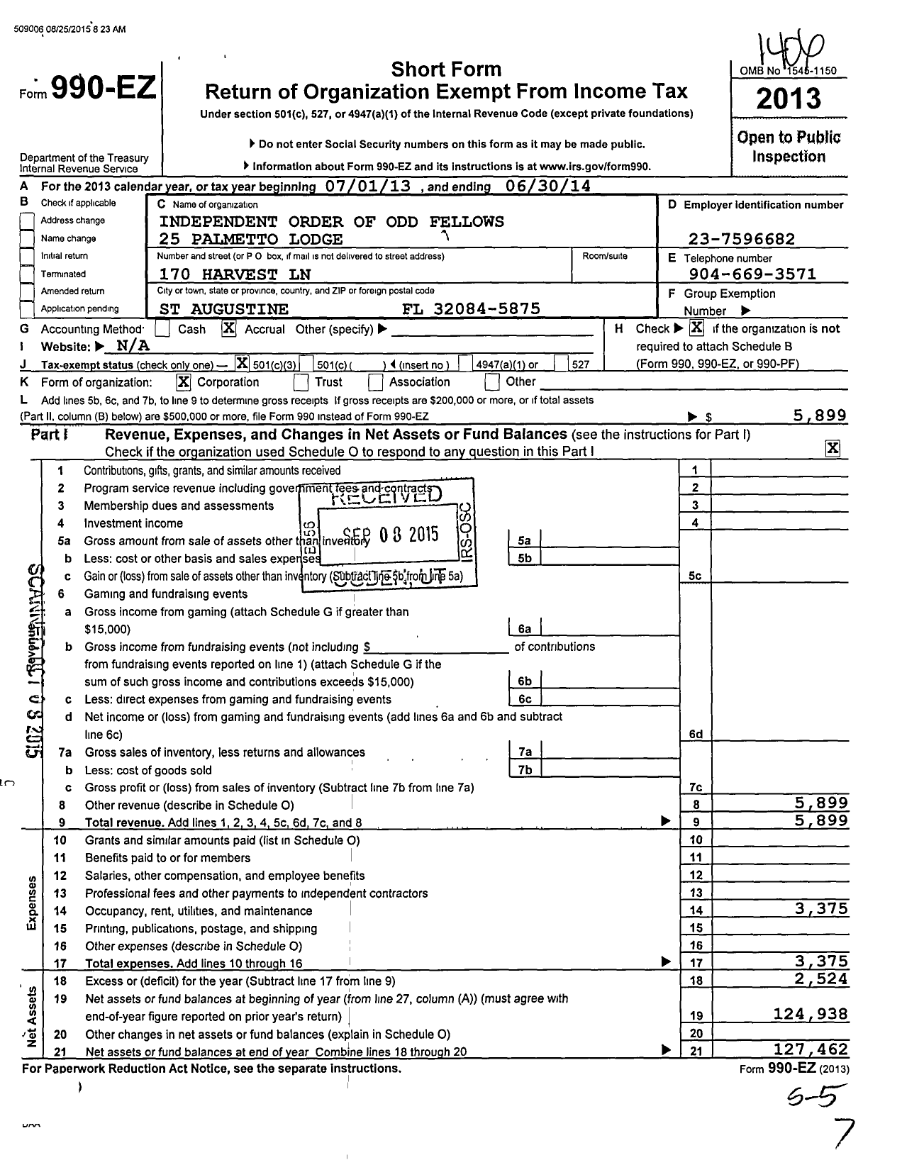 Image of first page of 2013 Form 990EZ for Independent Order of Odd Fellows - 25 Palmetto Lodge