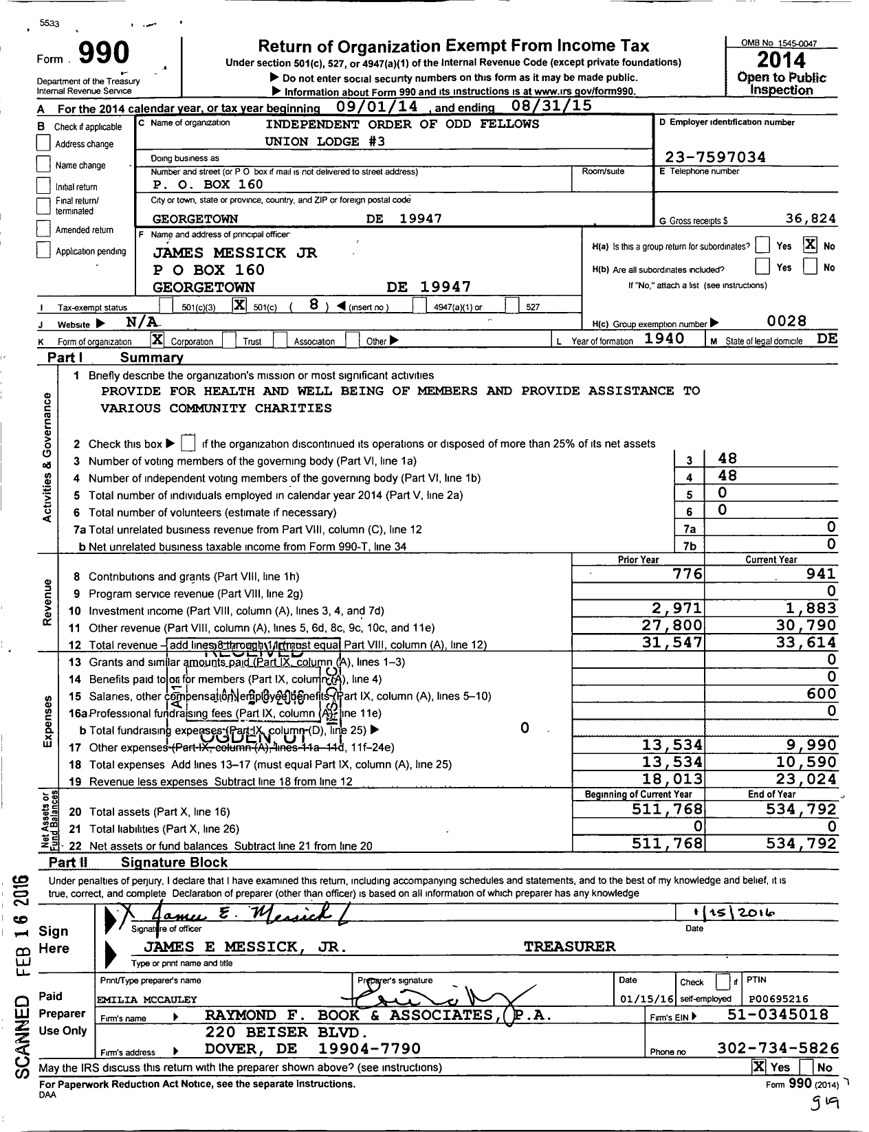 Image of first page of 2014 Form 990O for Independent Order of Odd Fellows - 3 Union LDG