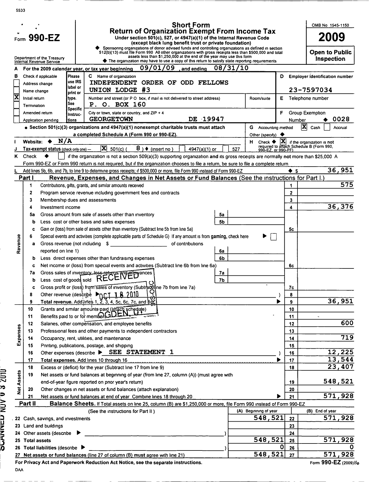 Image of first page of 2009 Form 990EO for Independent Order of Odd Fellows - 3 Union LDG