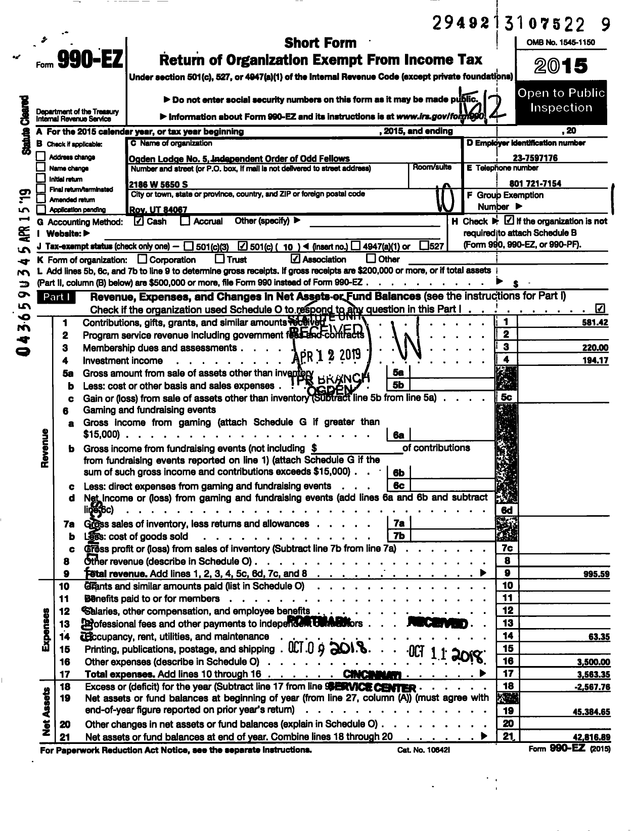 Image of first page of 2015 Form 990EO for Ogden Lodge No 5 Independent Order of Odd Fellows