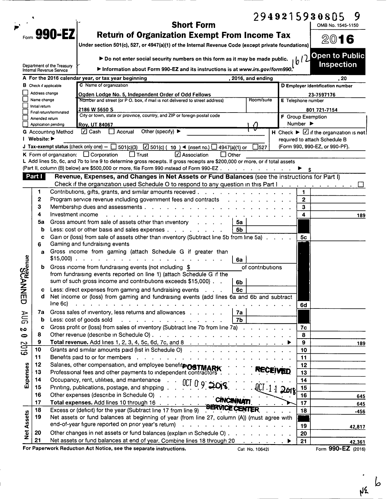 Image of first page of 2016 Form 990EO for Ogden Lodge No 5 Independent Order of Odd Fellows