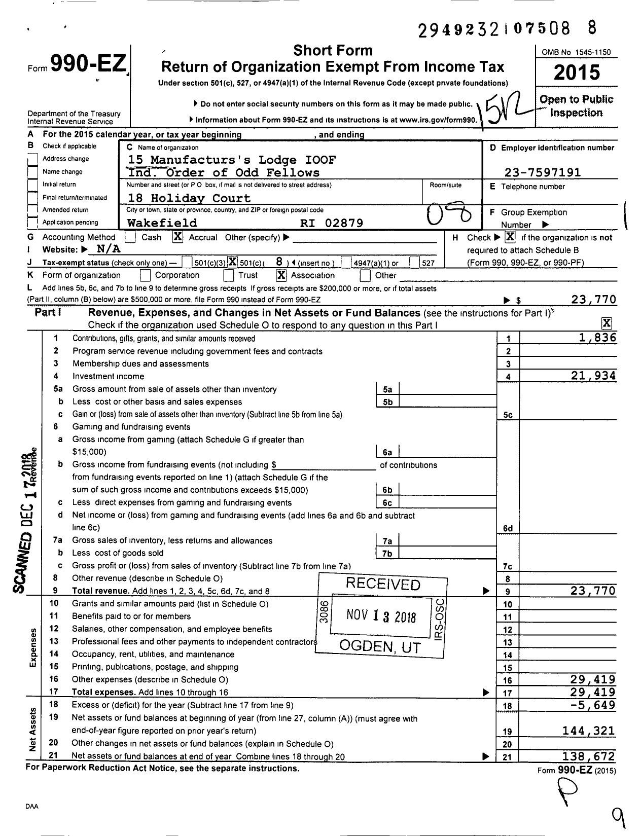 Image of first page of 2015 Form 990EO for 15 Manufacturers's Lodge Ioof Ind Order of Odd Fellows