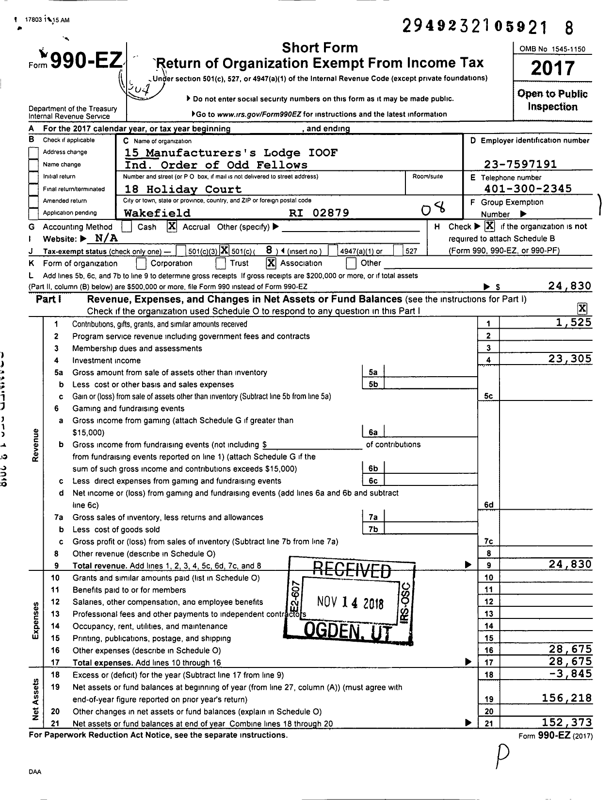 Image of first page of 2017 Form 990EO for 15 Manufacturers's Lodge Ioof Ind Order of Odd Fellows