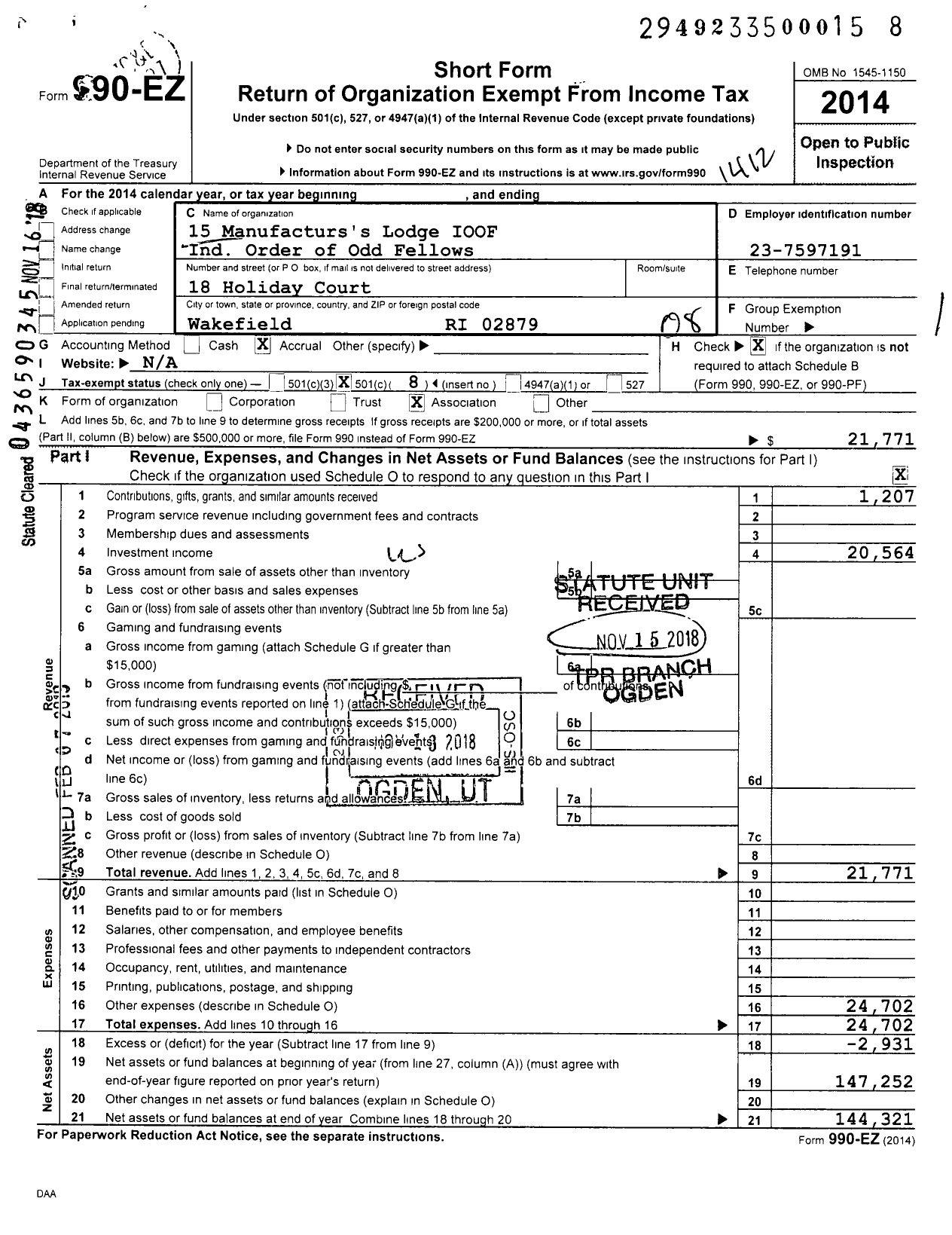 Image of first page of 2014 Form 990EO for 15 Manufacturers's Lodge Ioof Ind Order of Odd Fellows