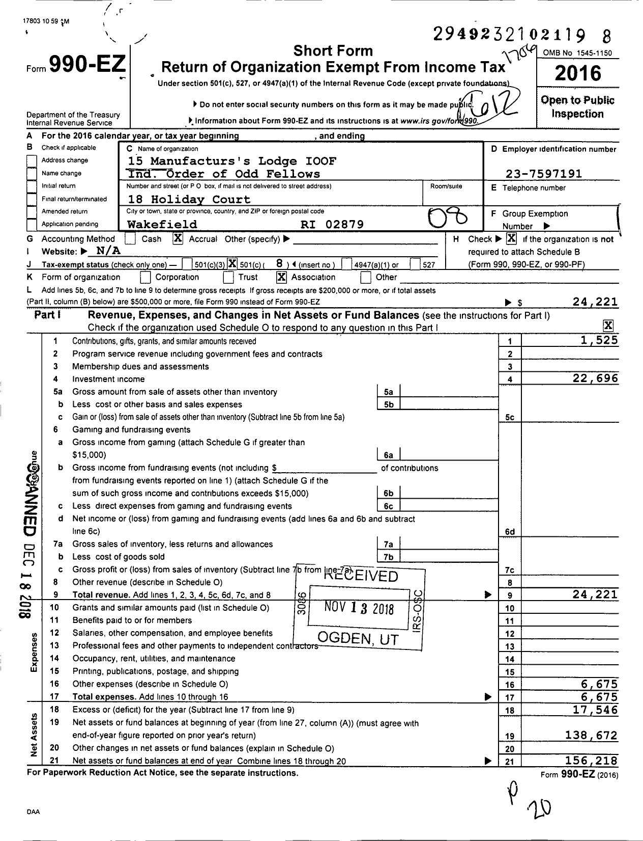 Image of first page of 2016 Form 990EO for 15 Manufacturers's Lodge Ioof Ind Order of Odd Fellows