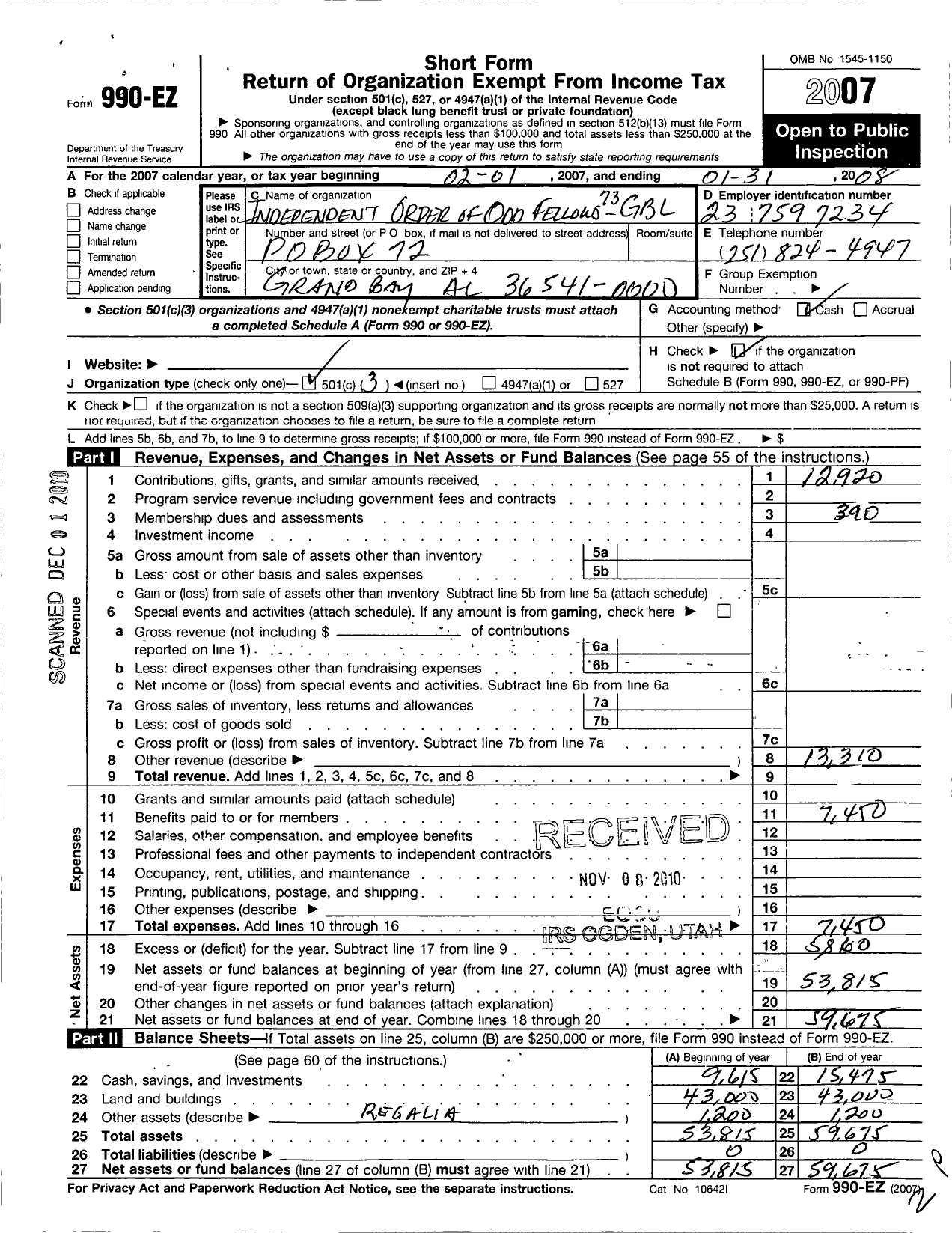 Image of first page of 2007 Form 990EZ for Independent Order of Odd Fellows - 73 Grand Bay Lodge