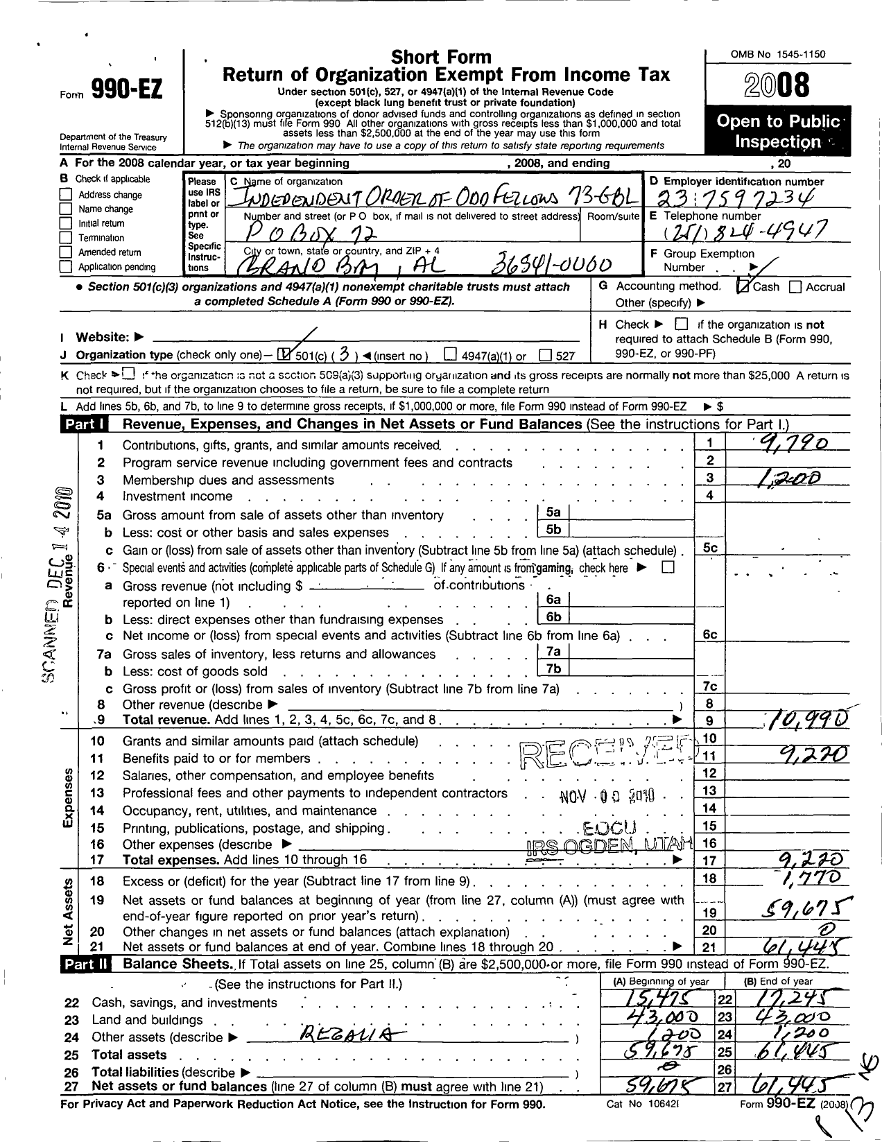 Image of first page of 2008 Form 990EZ for INDEPENDENT ORDER OF ODD Fellows - 73 Grand Bay Lodge