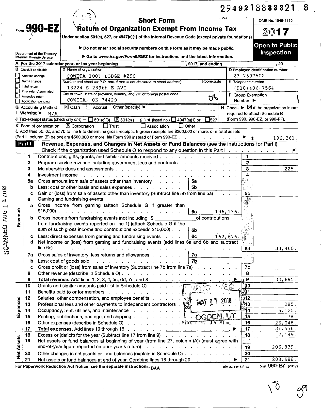 Image of first page of 2017 Form 990EO for Independent Order of Odd Fellows - 290 Coweta Lodge