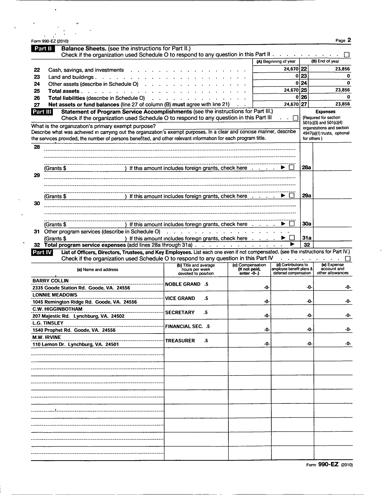 Image of first page of 2010 Form 990EOR for Independent Order of Odd Fellows - 128 Goode Lodge