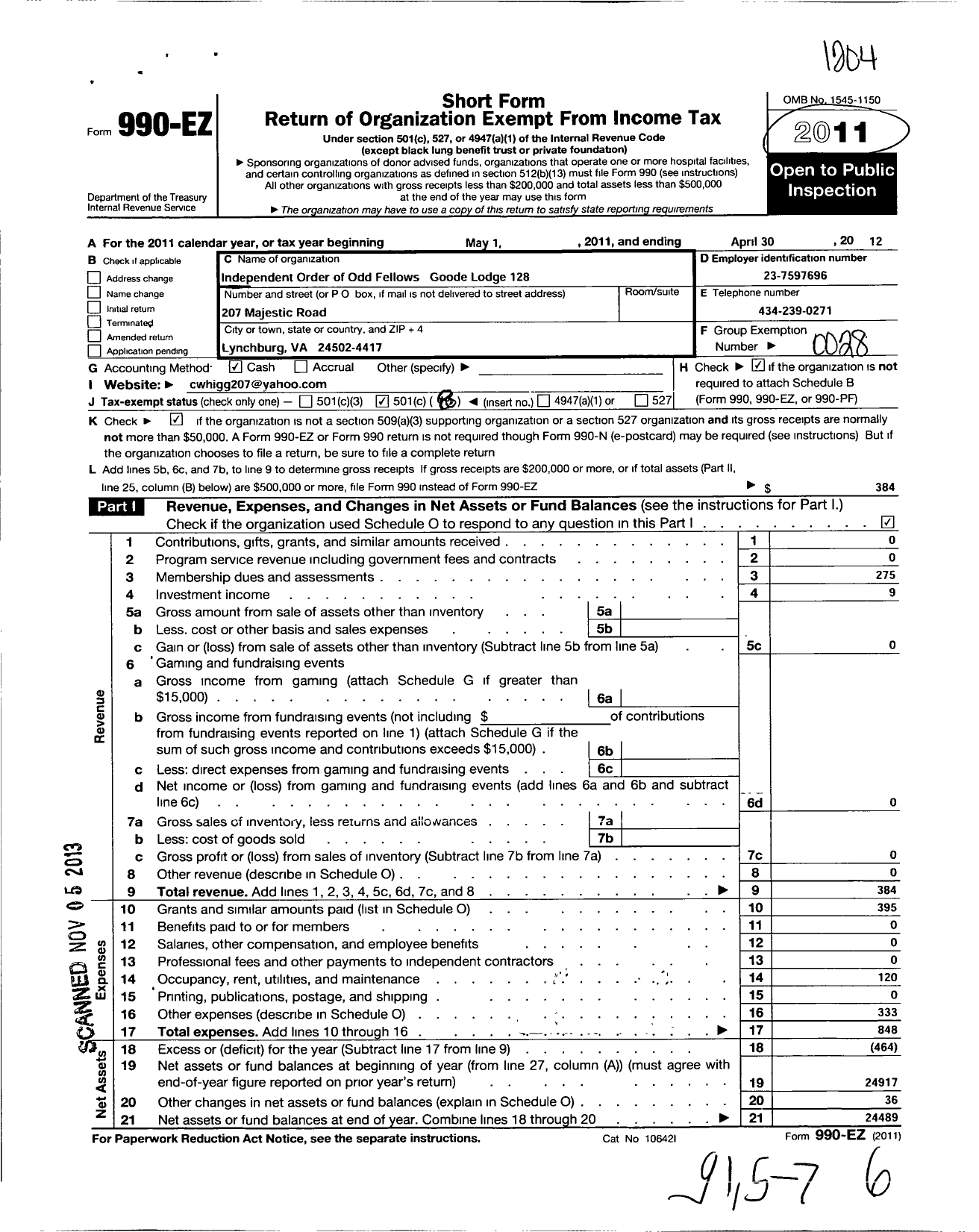 Image of first page of 2011 Form 990EO for Independent Order of Odd Fellows - 128 Goode Lodge