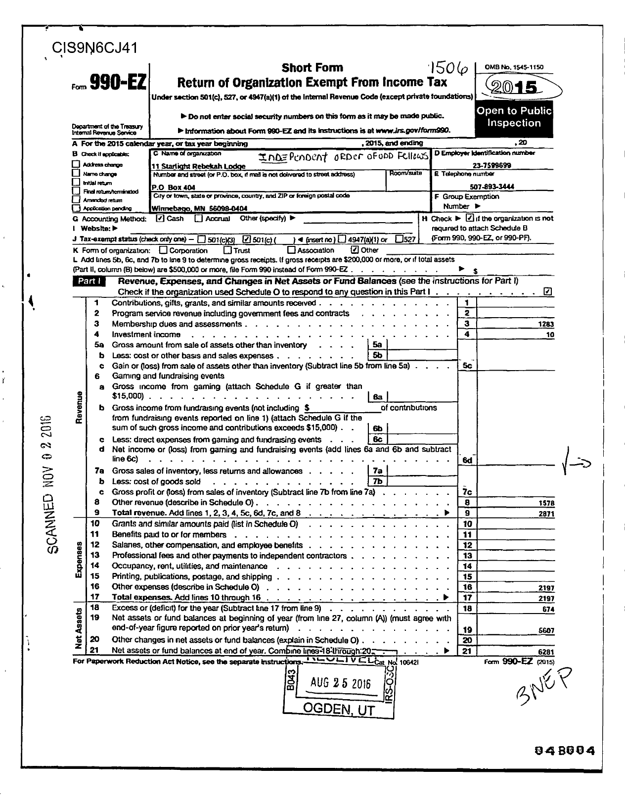 Image of first page of 2014 Form 990EO for Independent Order of Odd Fellows - 11 Starlight Rebekah Lodge