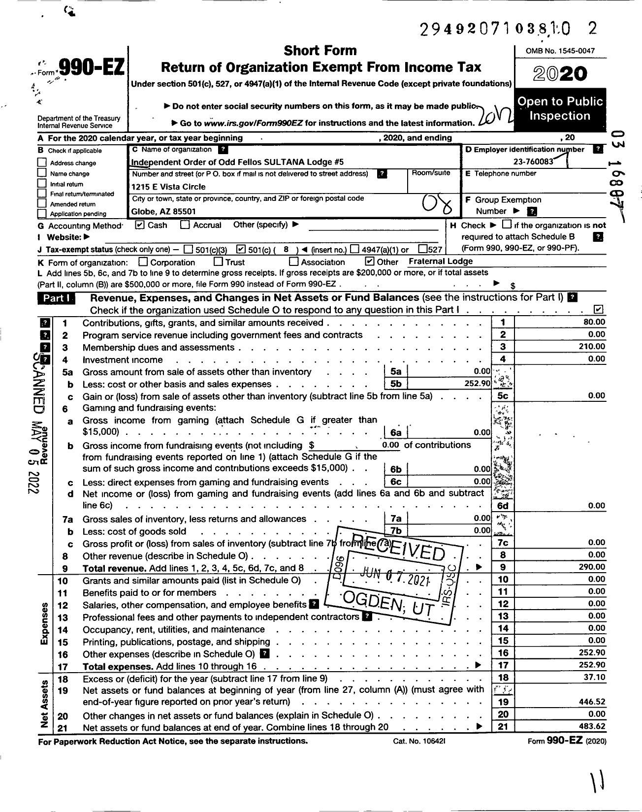 Image of first page of 2020 Form 990EO for Independent Order of Odd Fellos Sultana Lodge 5