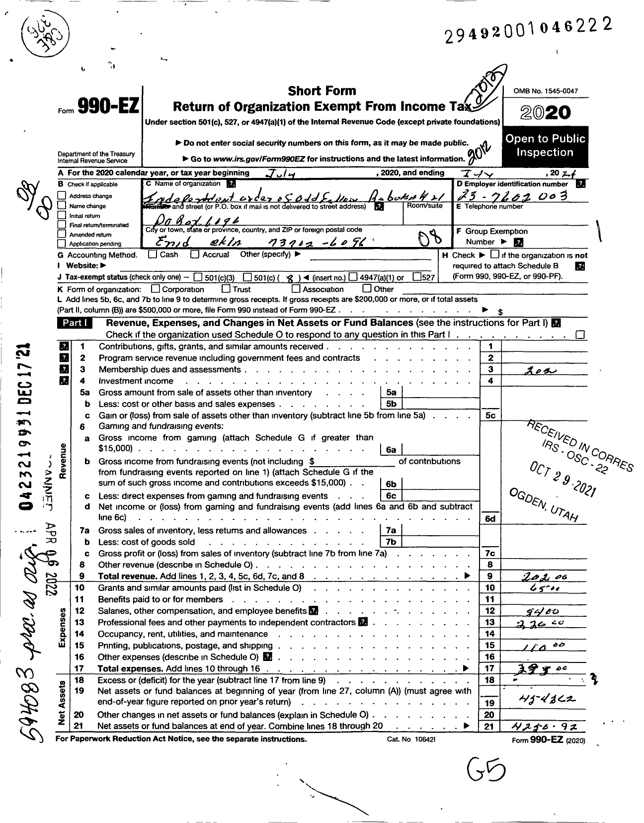 Image of first page of 2020 Form 990EO for Independent Order of Odd Fellows - 21 Enid Rebekah Lodge