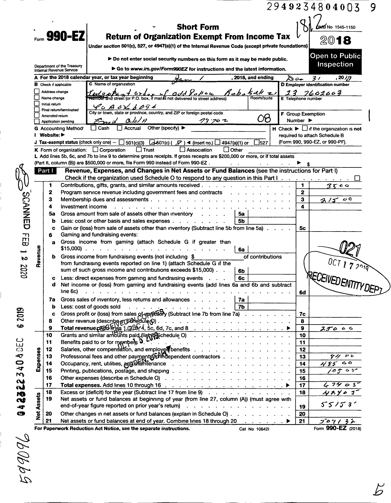 Image of first page of 2018 Form 990EO for Independent Order of Odd Fellows - 21 Enid Rebekah Lodge