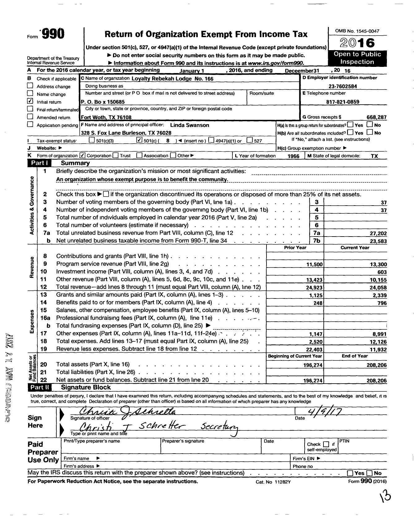 Image of first page of 2016 Form 990O for Independent Order of Odd Fellows - 166 Loyalty Rebekah Lodge