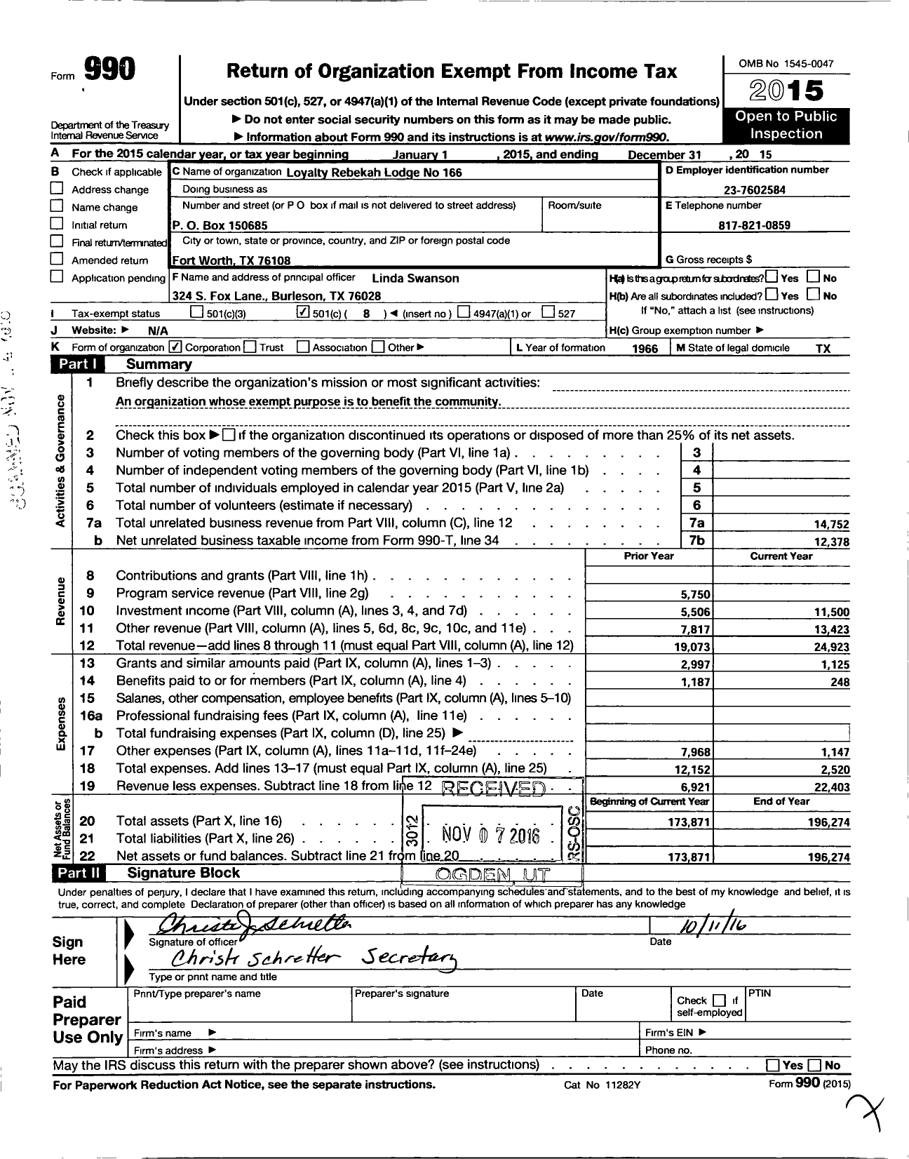 Image of first page of 2015 Form 990O for Independent Order of Odd Fellows - 166 Loyalty Rebekah Lodge