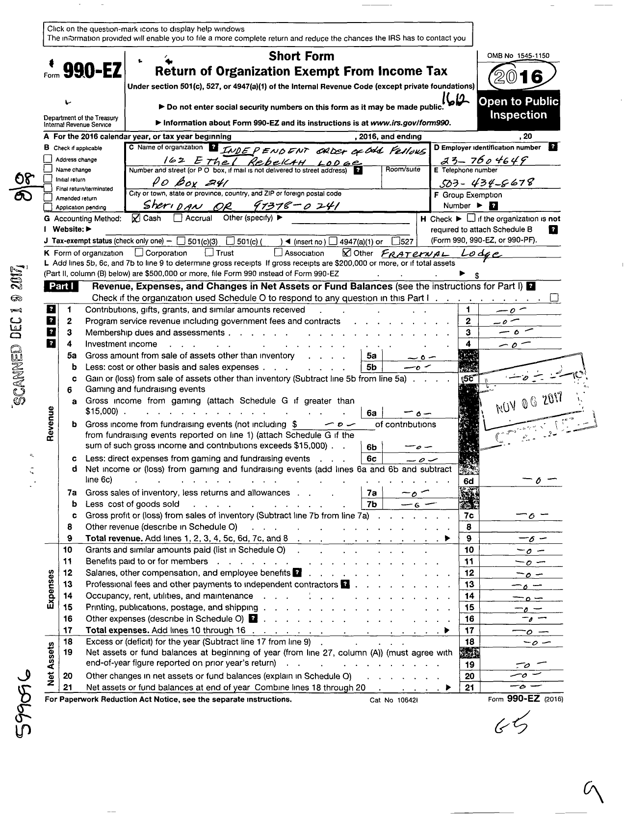 Image of first page of 2016 Form 990EO for Independent Order of Odd Fellows