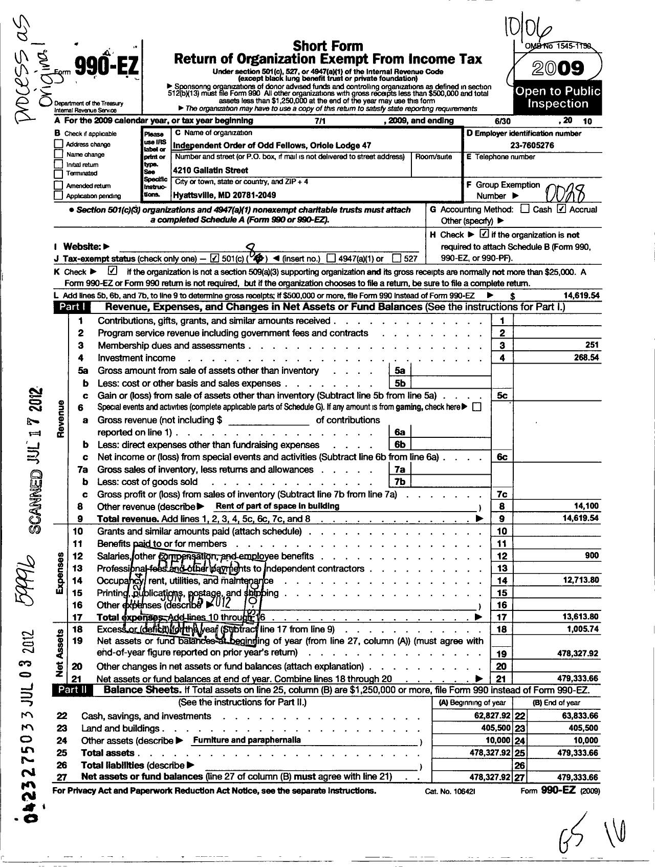 Image of first page of 2009 Form 990EO for Independent Order of Odd Fellows - 47 Oriole Lodge