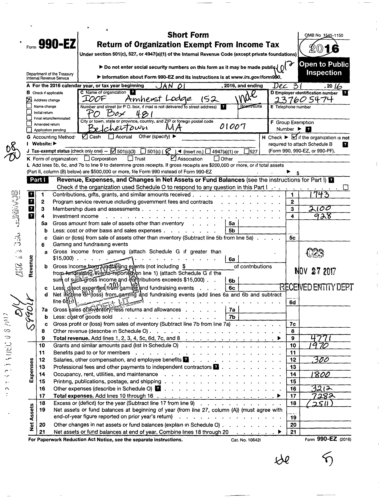 Image of first page of 2016 Form 990EO for Independent Order of Odd Fellows - 152 Amherst Lodge