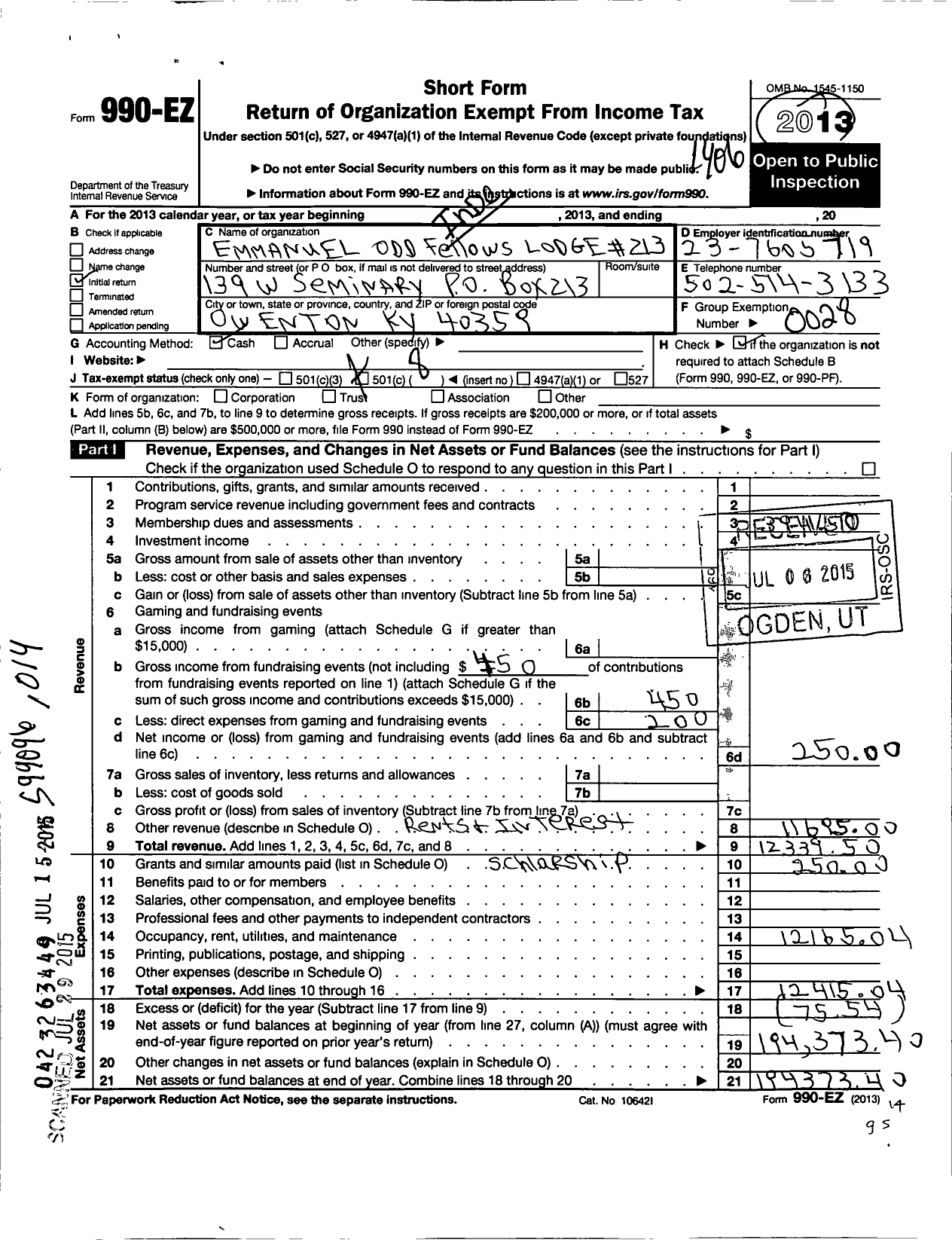 Image of first page of 2013 Form 990EO for Independent Order of Odd Fellows - 213 Emmanuel Lodge