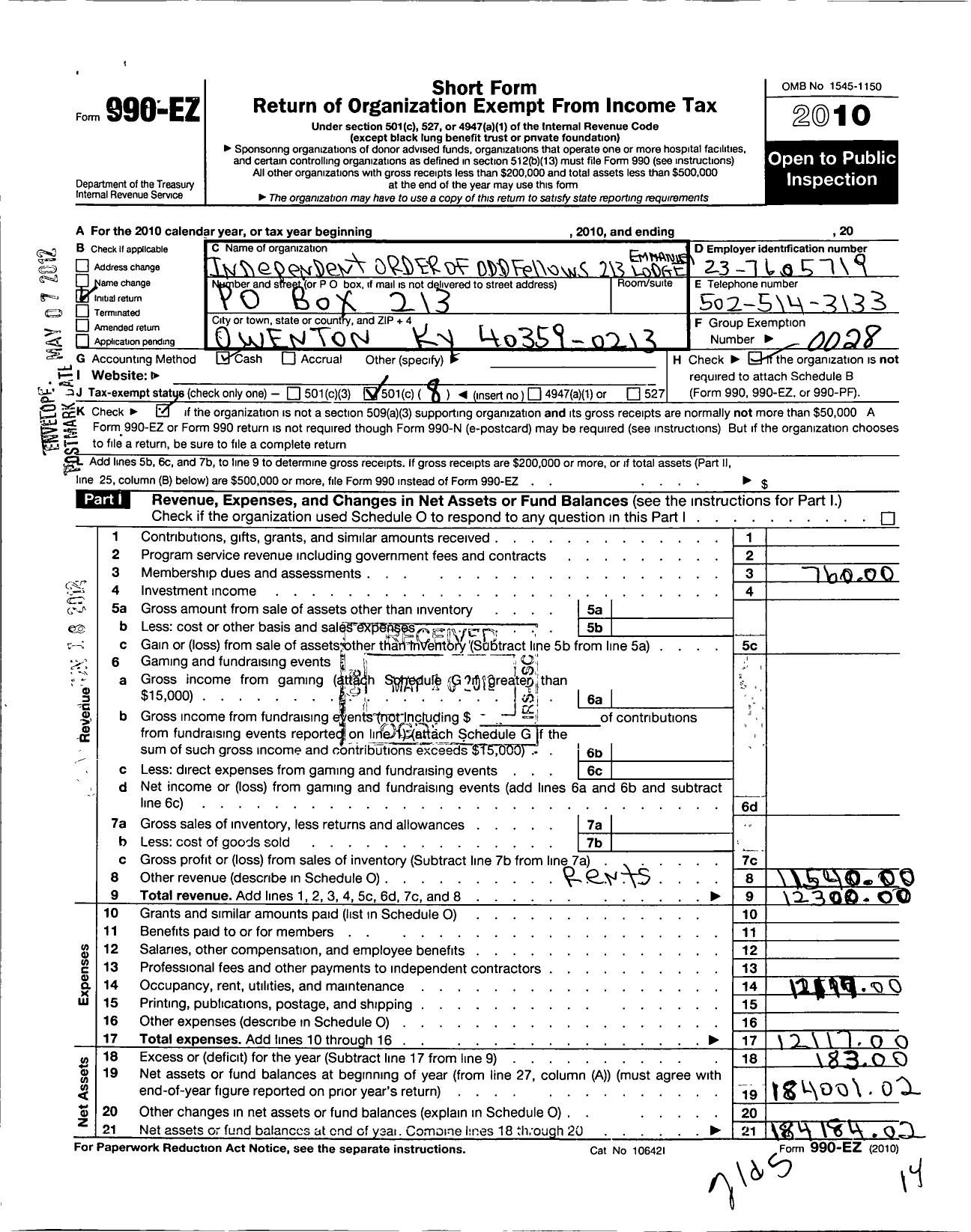 Image of first page of 2010 Form 990EO for Independent Order of Odd Fellows - 213 Emmanuel Lodge