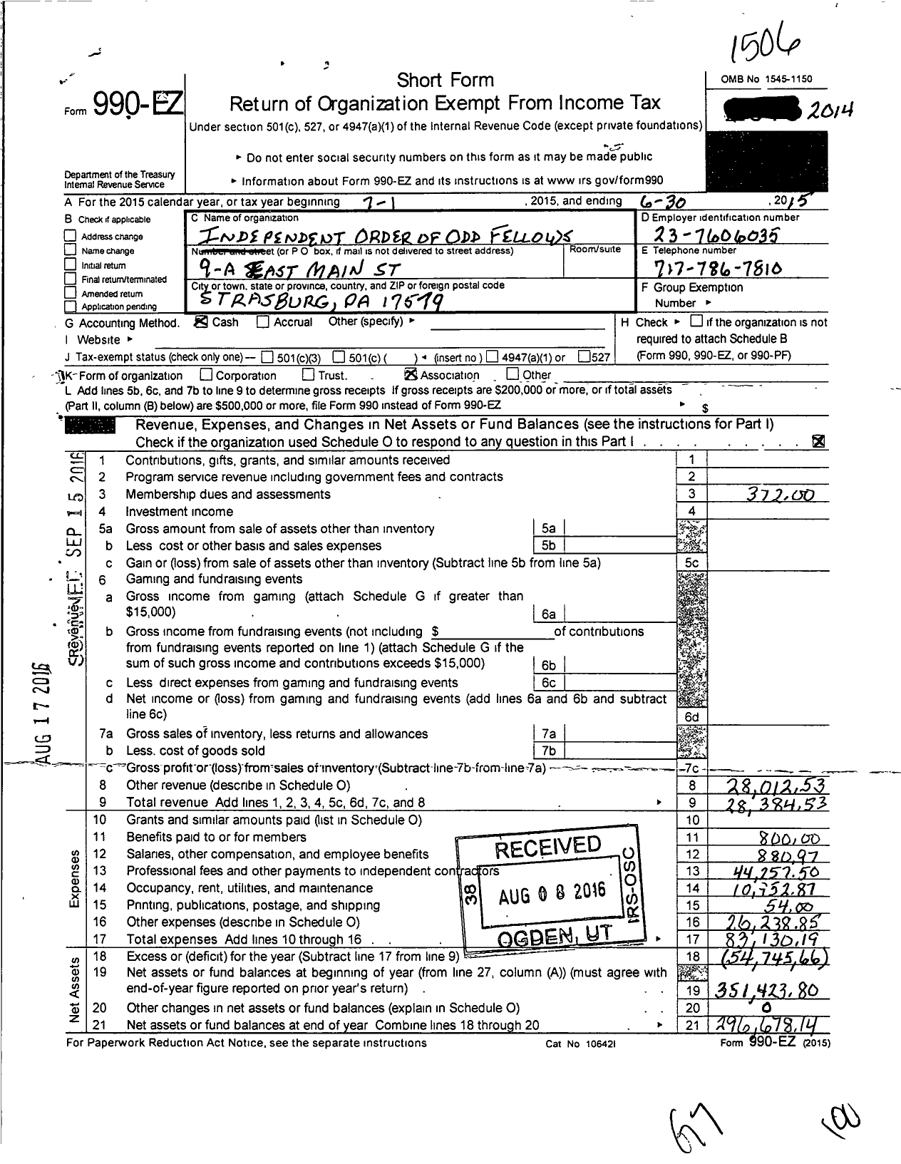 Image of first page of 2014 Form 990EO for Independent Order of Odd Fellows - 361 Strasburg LDG