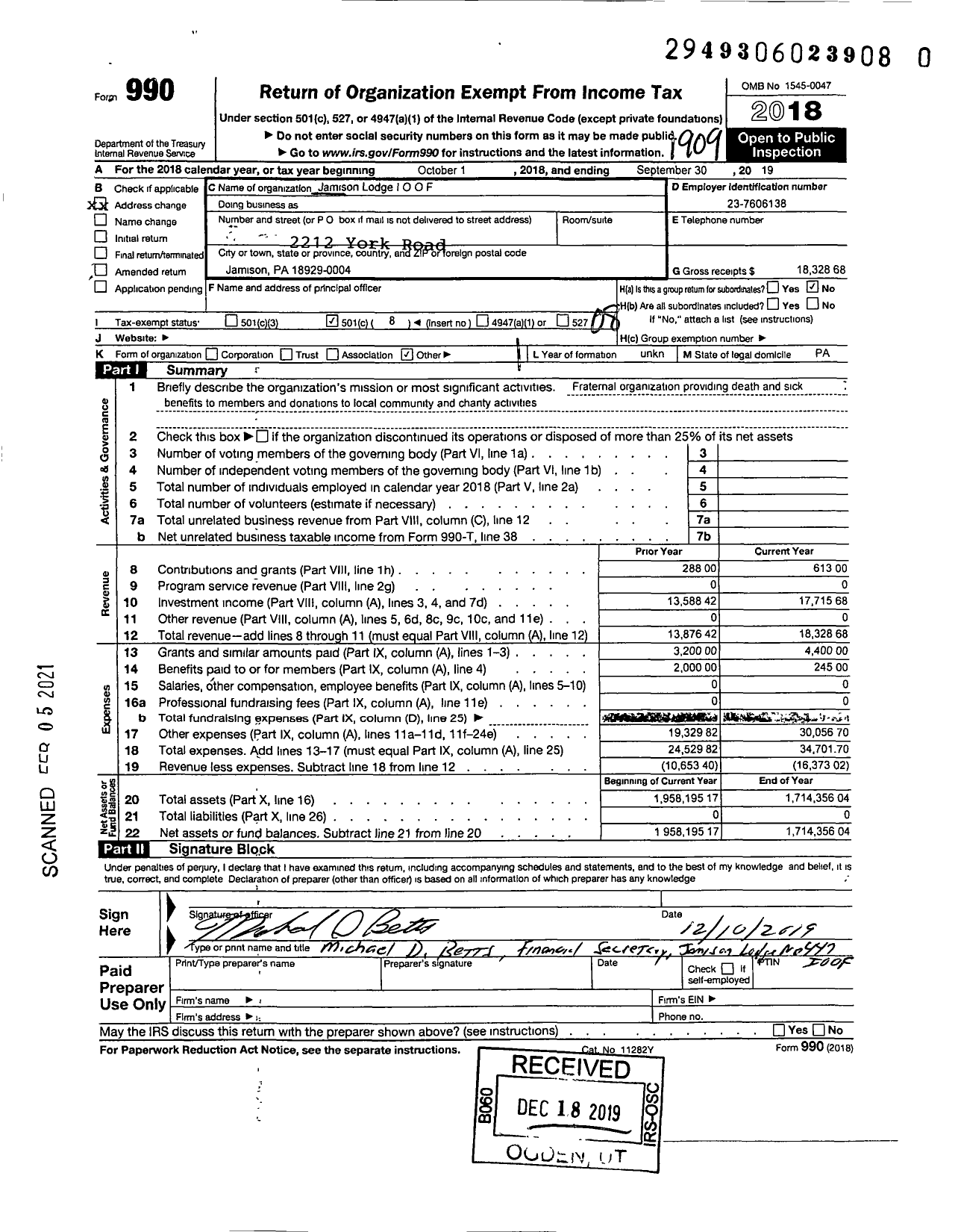 Image of first page of 2018 Form 990O for Independent Order of Odd Fellows - 447 Jamison Lodge