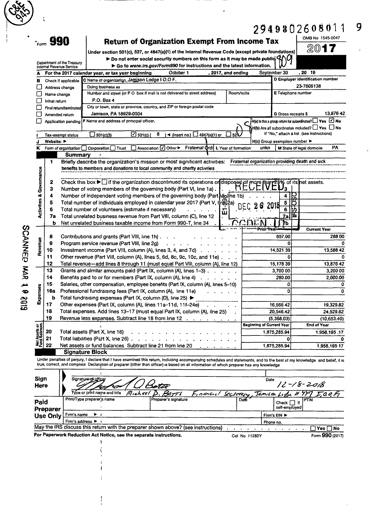 Image of first page of 2017 Form 990O for Independent Order of Odd Fellows - 447 Jamison Lodge