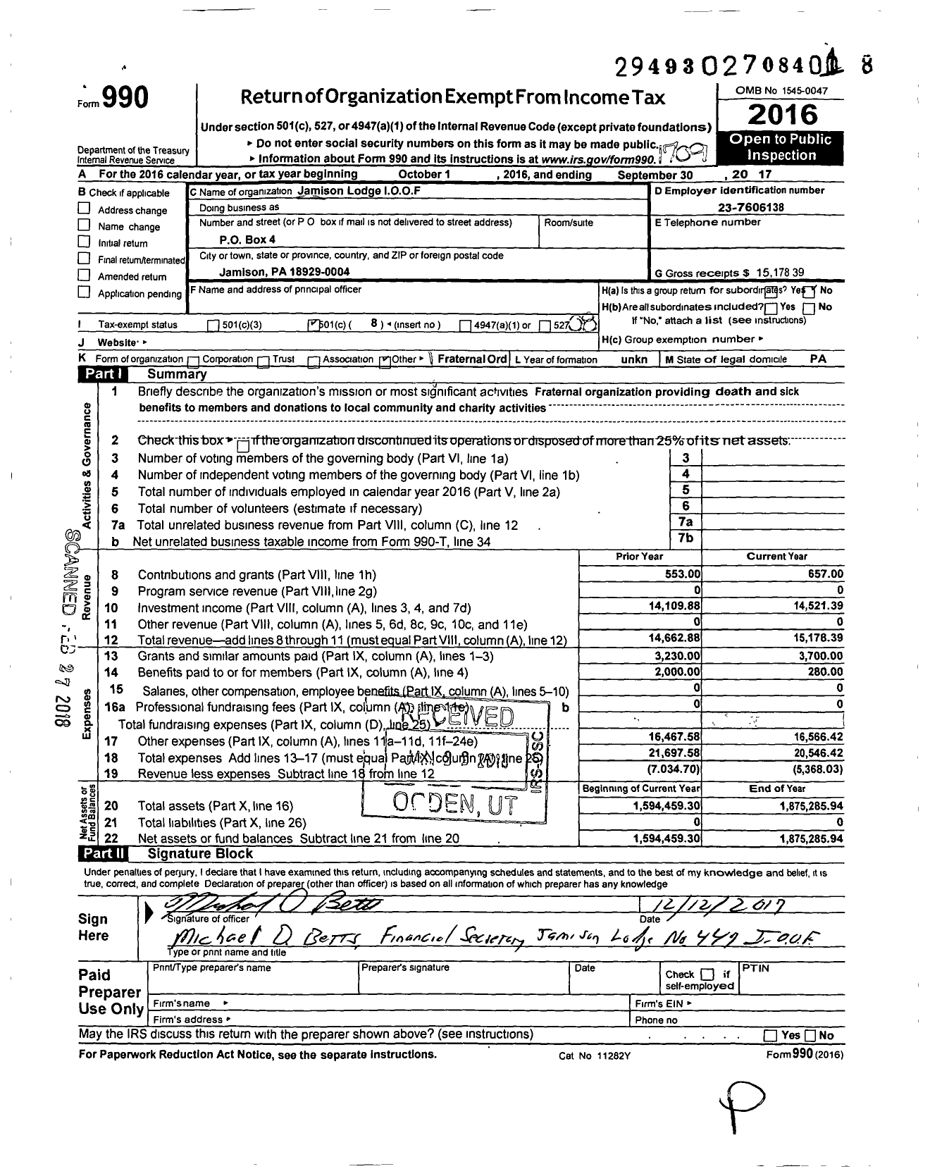 Image of first page of 2016 Form 990O for Independent Order of Odd Fellows - 447 Jamison Lodge