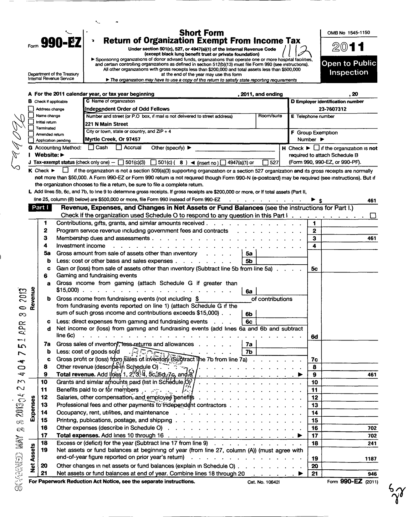 Image of first page of 2011 Form 990EO for Independent Order of Odd Fellows - 79 Canyon Encampment