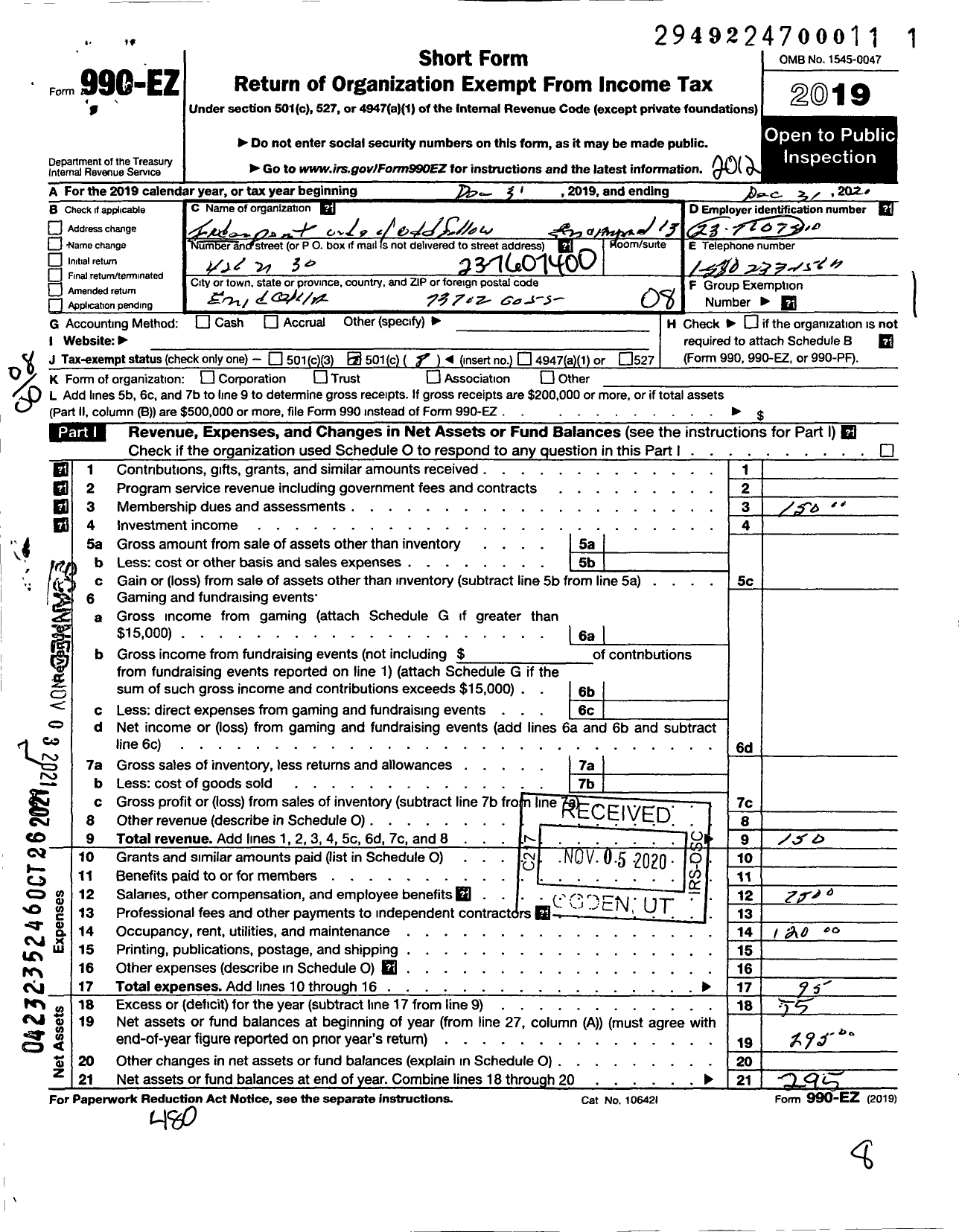 Image of first page of 2020 Form 990EO for Independent Order of Odd Fellows - 13 Enid Enc