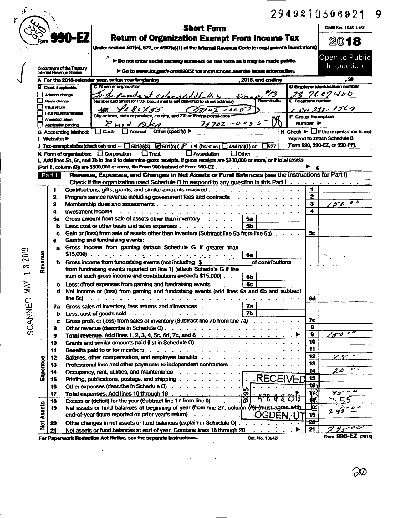 Image of first page of 2018 Form 990EO for Independent Order of Odd Fellows - 13 Enid Enc