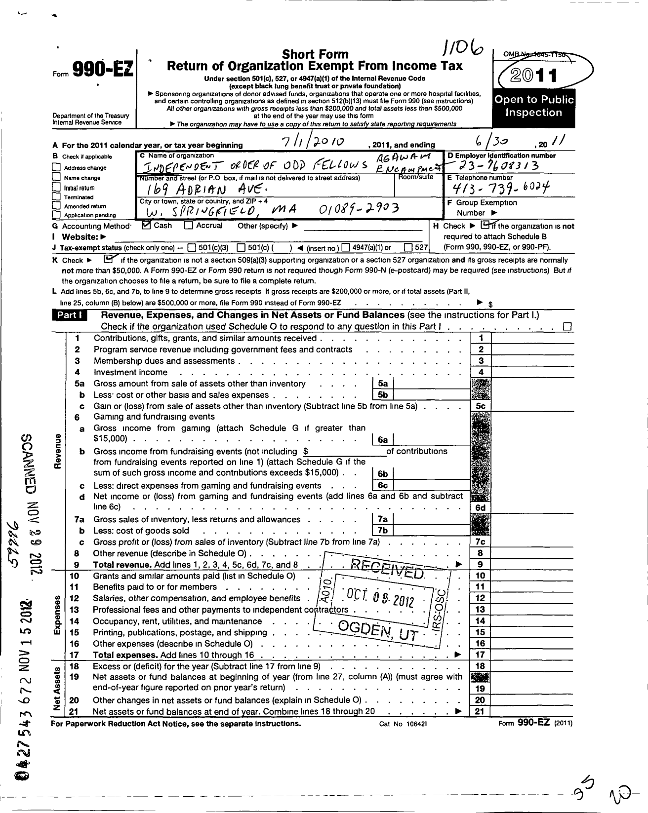 Image of first page of 2010 Form 990EO for Independent Order of Odd Fellows - 25 Agawam Enc