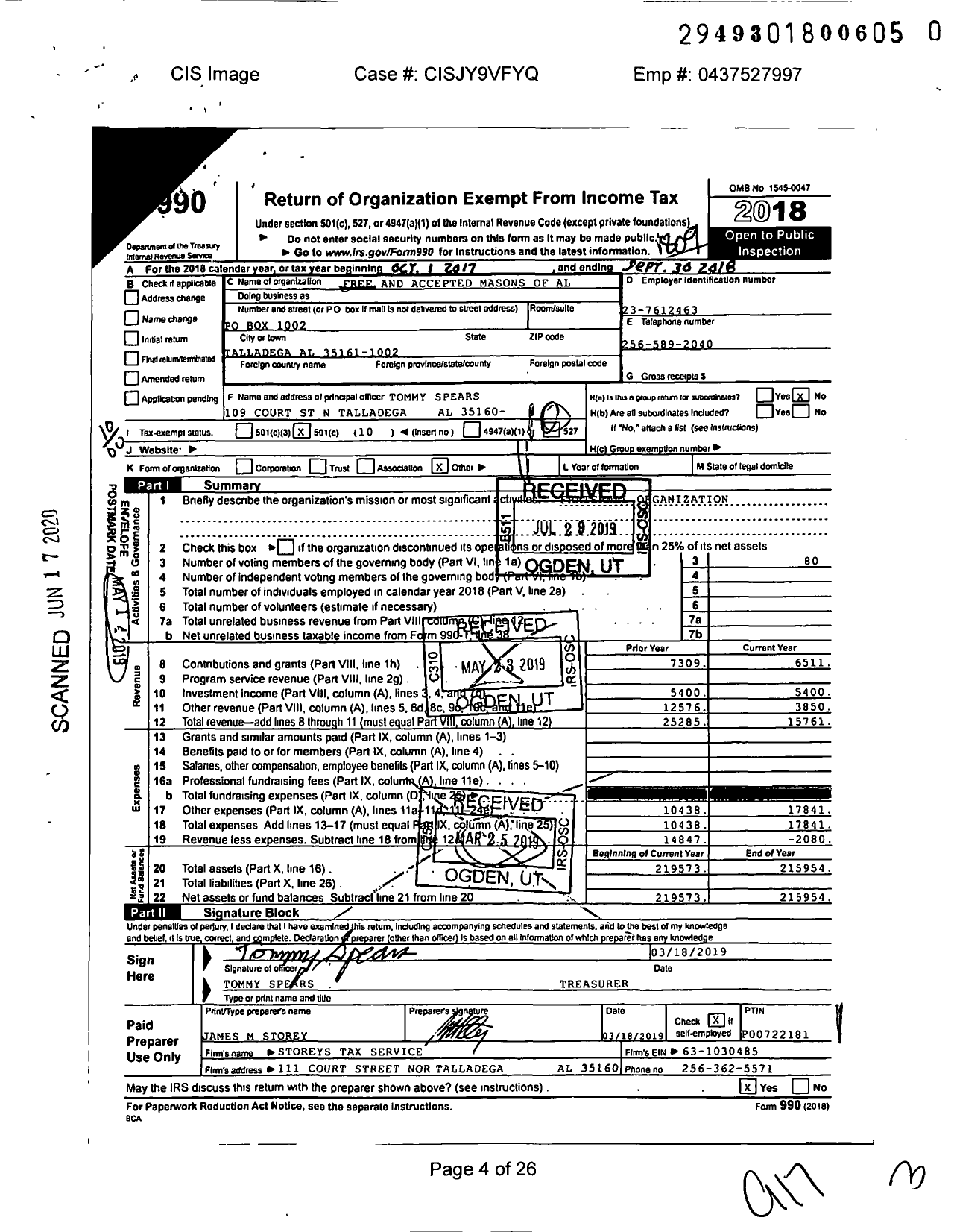 Image of first page of 2017 Form 990O for Free and Accepted Masons of Alabama