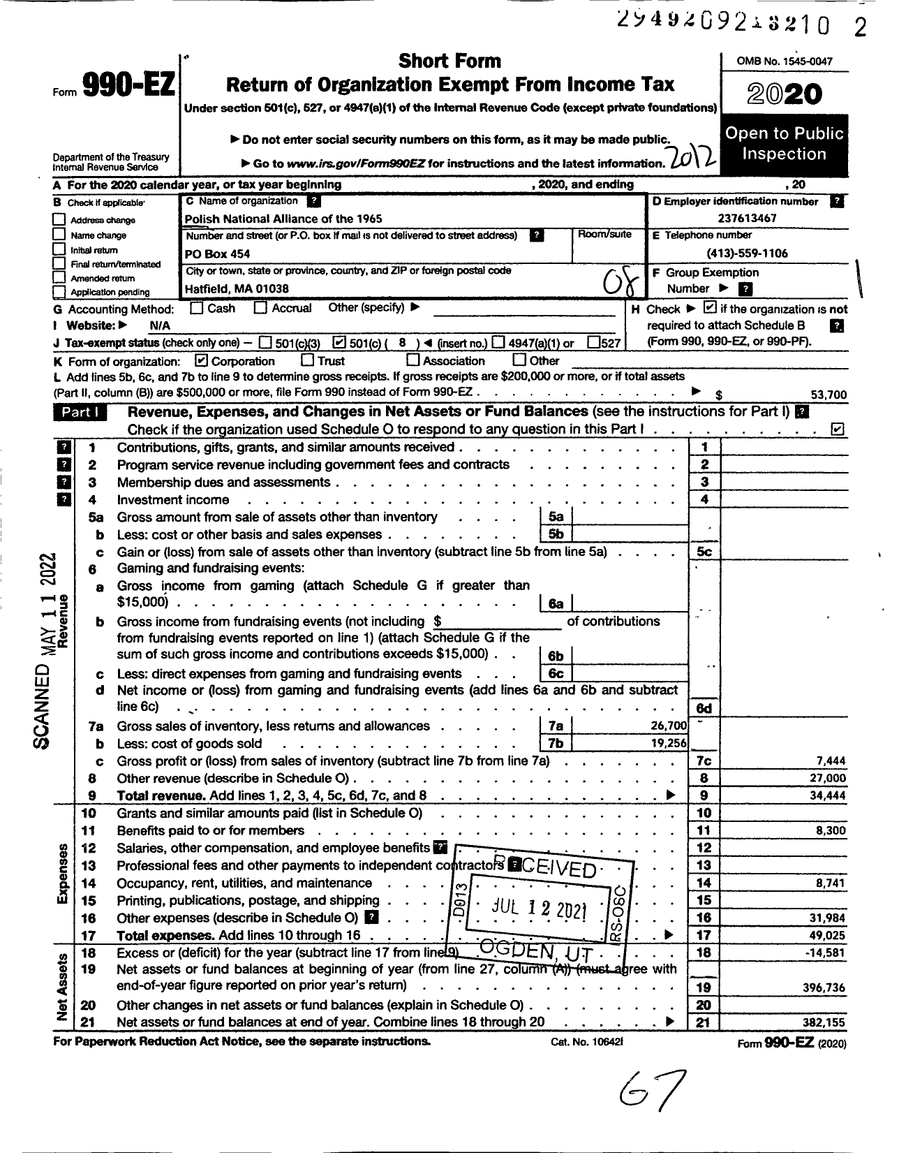 Image of first page of 2020 Form 990EO for Polish National Alliance of the 1965