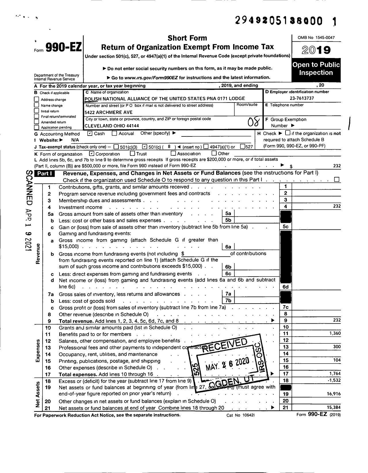 Image of first page of 2019 Form 990EO for Polish National Alliance of the United States Pna 0171 Lodge