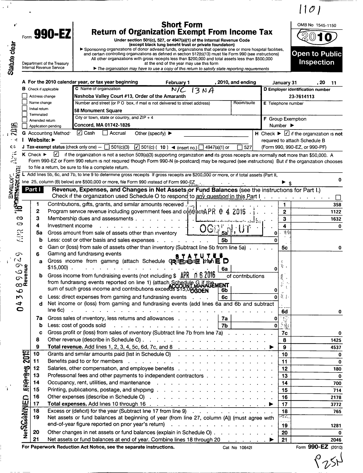 Image of first page of 2010 Form 990EO for Nashoba Valley Court 13 Order of the Amaranth Commonwealth of Ma