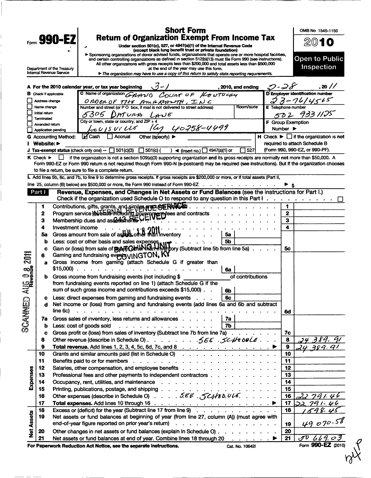 Image of first page of 2010 Form 990EO for Order of the Amaranth Supreme Council / Kentucky Grand Court