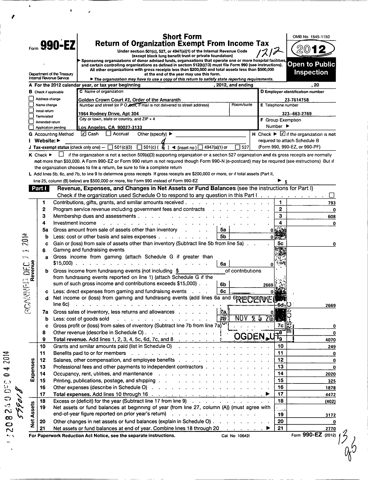 Image of first page of 2012 Form 990EO for Order of the Amaranth - 2 Crown Court