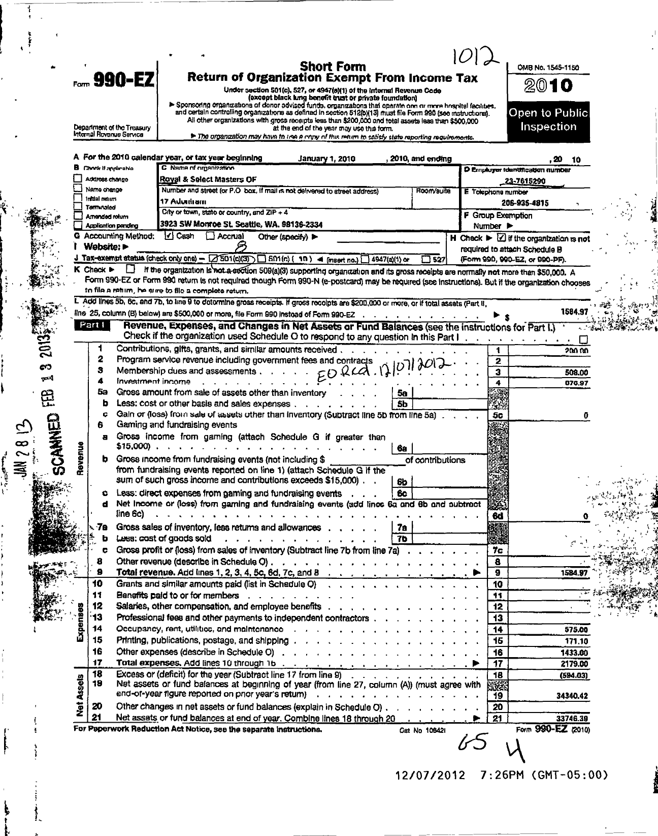 Image of first page of 2010 Form 990EO for Royal and Select Masters of Washington - 17 Adoniram