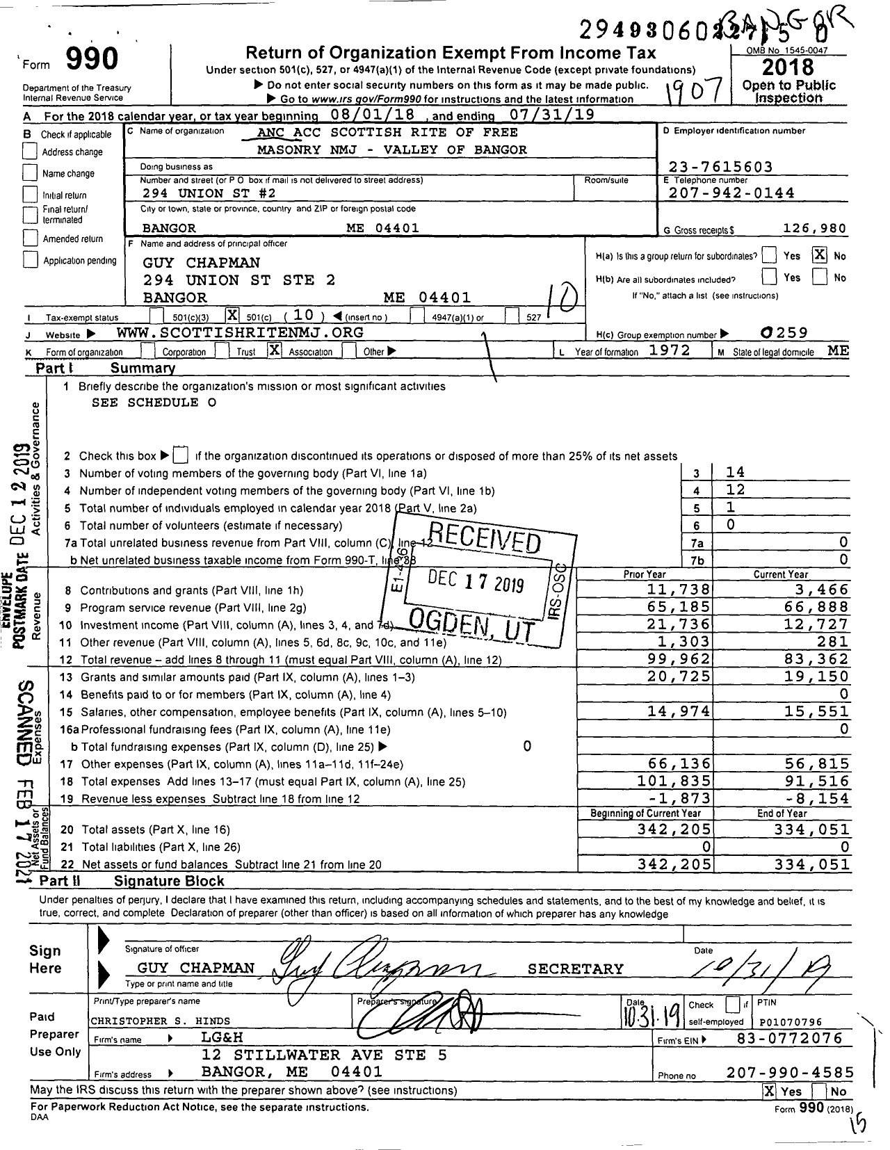 Image of first page of 2018 Form 990O for Scottish Rite, NMJ - Vly of Bangor Lodge of Perfection