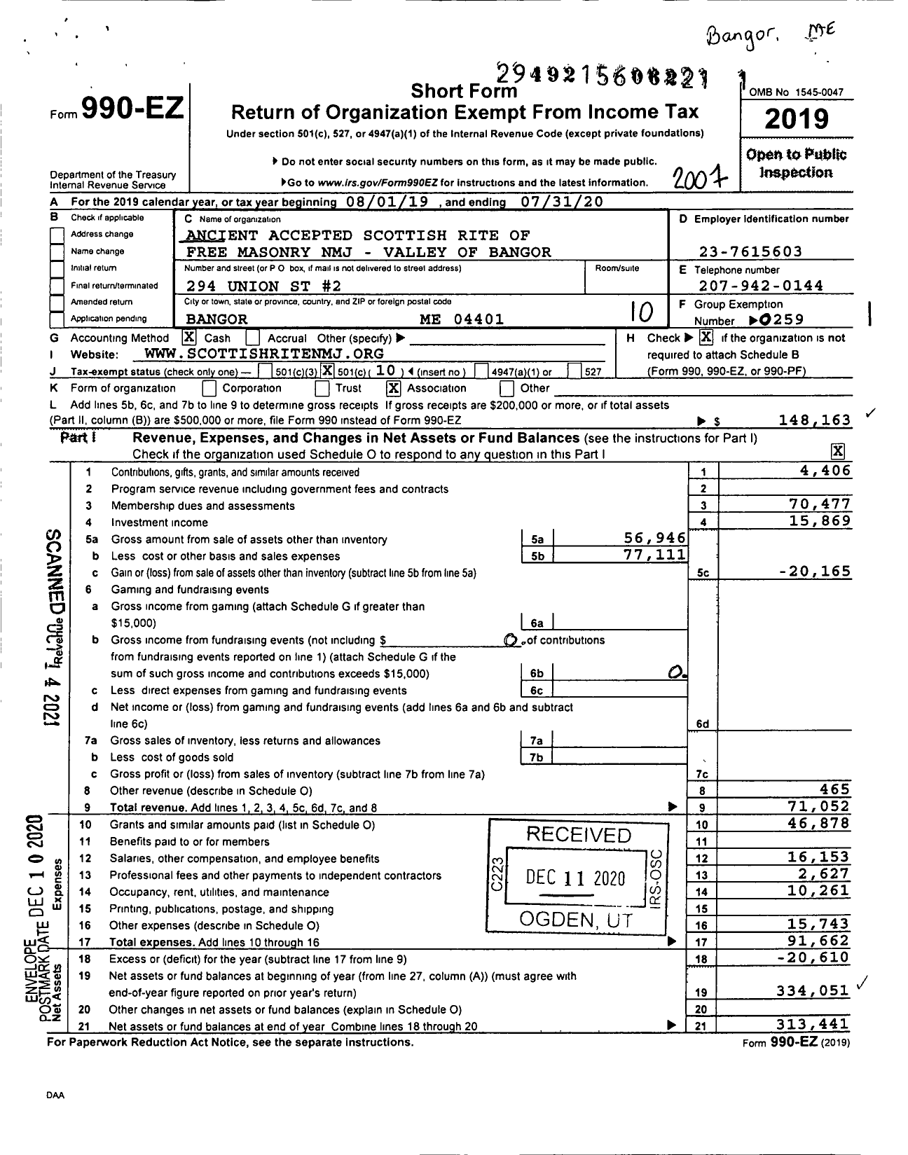 Image of first page of 2019 Form 990EO for Scottish Rite, NMJ - Vly of Bangor Lodge of Perfection