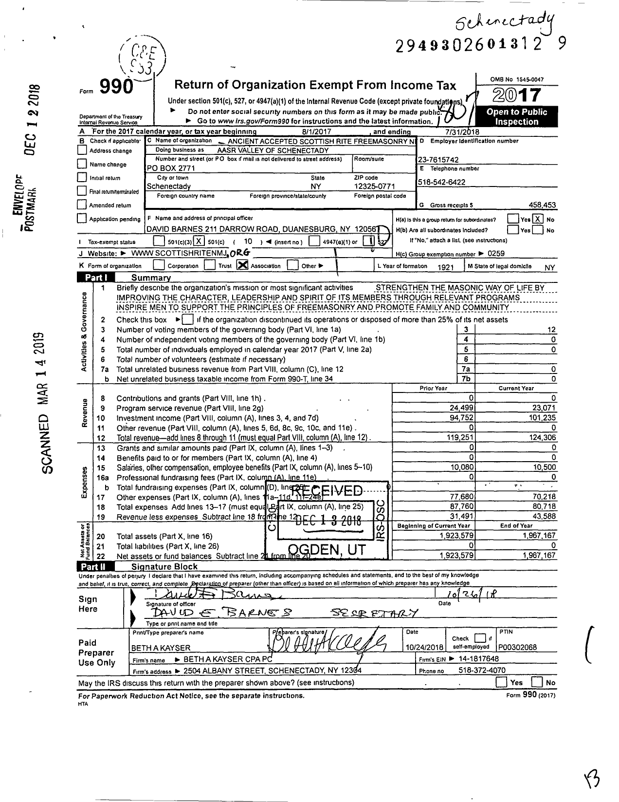 Image of first page of 2017 Form 990O for Scottish Rite, NMJ - Aasr Valley of Schenectady