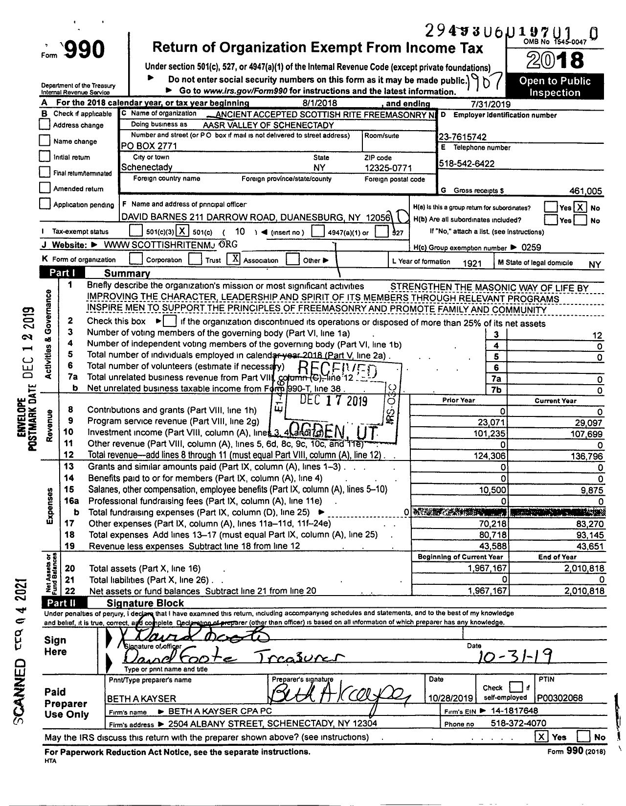 Image of first page of 2018 Form 990O for Scottish Rite, NMJ - Aasr Valley of Schenectady