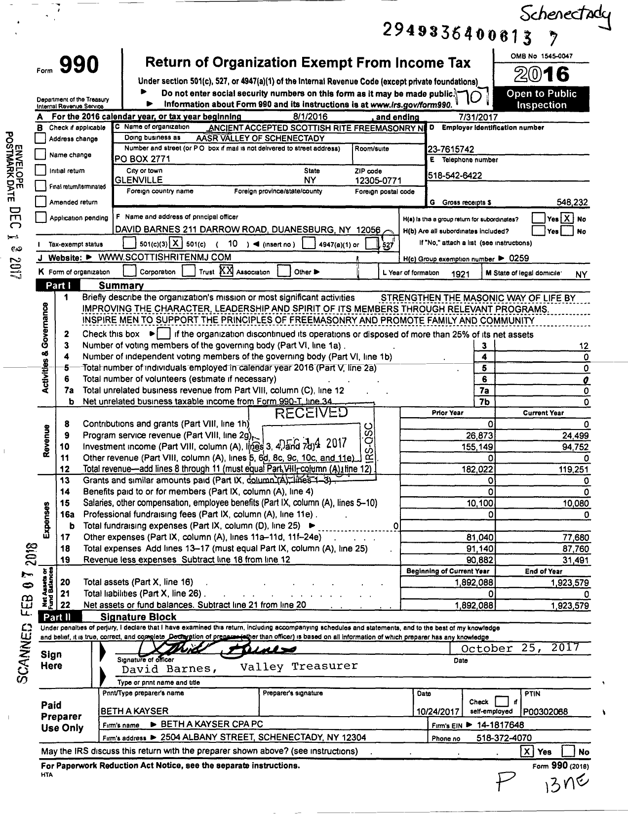 Image of first page of 2016 Form 990O for Scottish Rite, NMJ - Aasr Valley of Schenectady