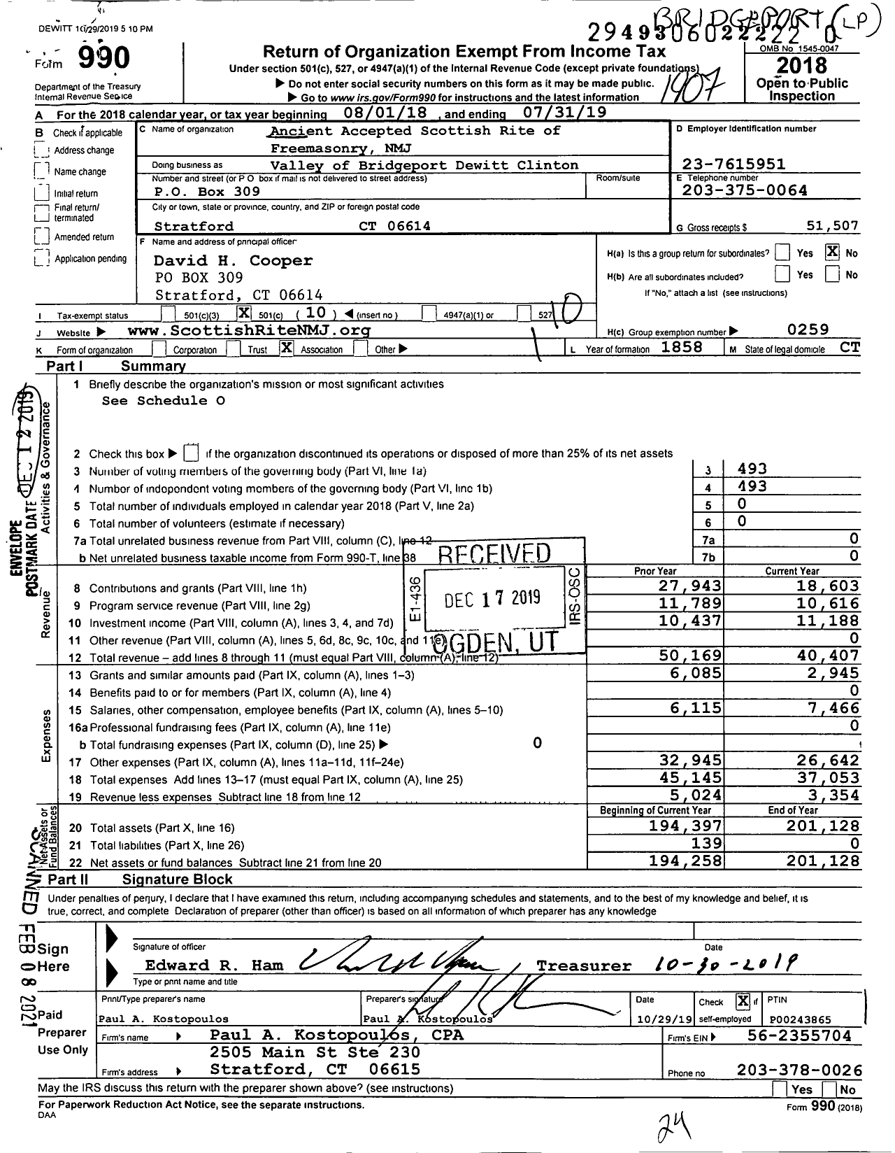 Image of first page of 2018 Form 990O for Scottish Rite, NMJ - Valley of Bridgeport Dewitt Clinton